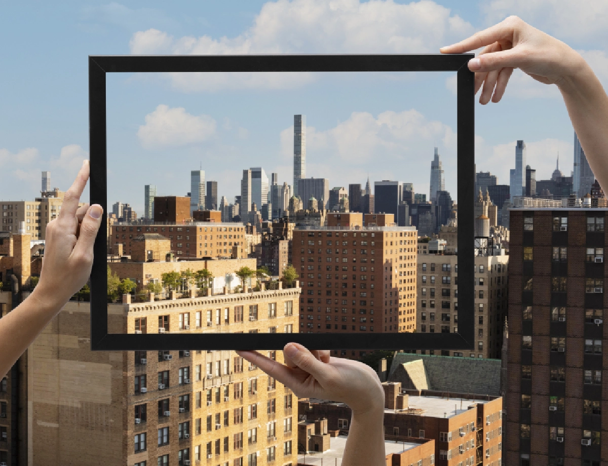 A picture of the city taken from an apartment window.